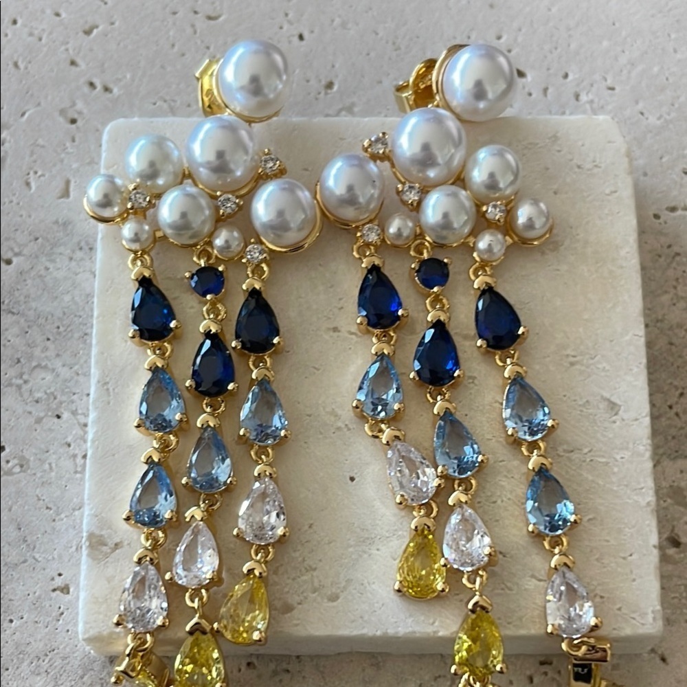 Elegant Gold and Blue Pearl Drop Earrings - Picture 4 of 6